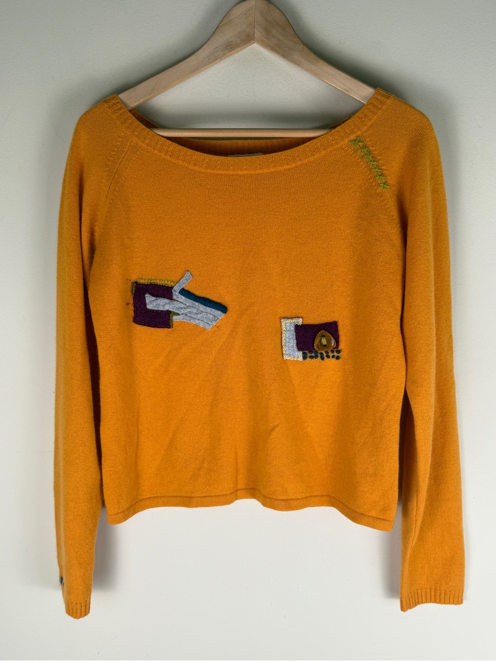 Vintage Max Mara 100% Cashmere Gold Yellow‎ Sweater Art to Wear Artsy Large
